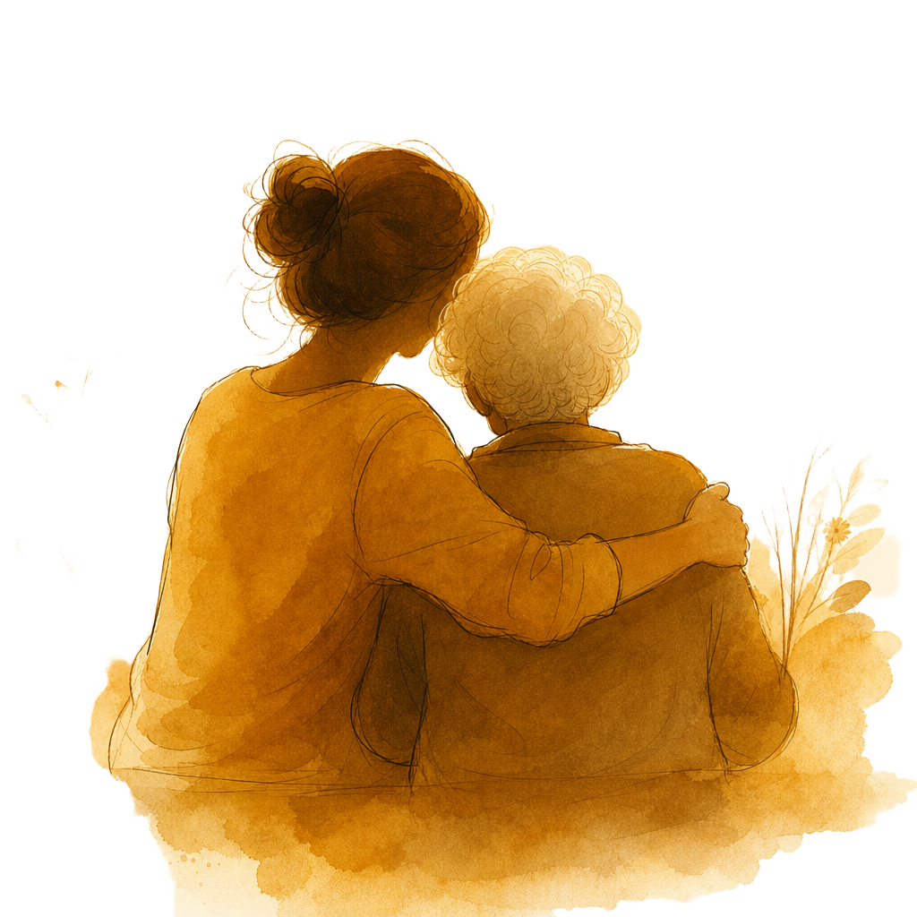 Carer with arms gently around an elderly person, showing warmth and support